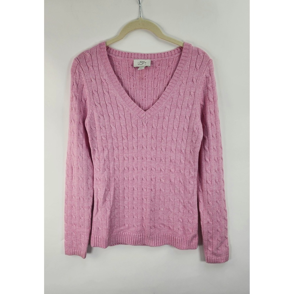 Ann Taylor LOFT Sweater Women's S Pink V-Neck Cable Knit Soft Classic Old Money